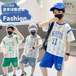 猴猴兔 夏季蓝球服套装冰丝自带凉感洋气时尚运动套装夏款印花短袖套装潮