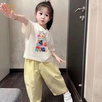 米奇丁当 女童夏季套装女宝薄款百搭两件套儿童洋气裤子烫画短袖