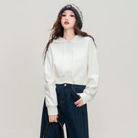 ilovechoc 时尚抽绳连帽短款卫衣女秋新年红色宽松显瘦纯色简约休闲上衣