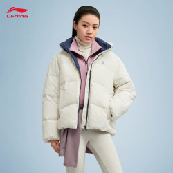 李宁 火锅羽绒服丨短羽绒服女90%鸭绒保暖外套 乳白色满印-1 S