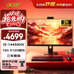 宏碁 非凡GO 黑 2k屏一体台式机电脑办公家用23.8英寸（intel I5-14450HX 16G+512G）定制版