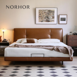 NORHOR 北欧表情包豪斯中古复古风泡芙真皮软包高靠齐边悬浮平台双人床G 悬浮款焦糖色 1500mm*2000mm