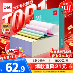 得力 薄荷海五联二等分可撕边针式打印纸电脑打印纸彩色(白红蓝绿黄)发票单1500页 BHE241-5-1/2CS
