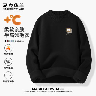马克华菲 双股重磅半高领加绒保暖针织衫 黑色 XL