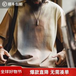 马登 工装美式复古晕染印第安酋长上衣拼接撞色宽松短袖t恤衫男秋 杏色  L