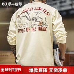 马登 工装美式复古白色刺绣印花长袖上衣打底t恤衫内搭套头男装秋 酷瓷白  3XL