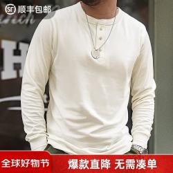 马登 工装美式复古重磅亨利衫长袖T恤男开领硬汉内搭纯棉打底衫 米白色  XL