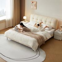 全友 皮艺床奶油风头层牛皮主卧室家具高脚高箱储物双人真皮大床