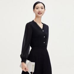 娜尔思 时尚气质冰丝长袖V领上衣女秋季