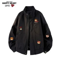 CHARLES JANG'S HAPPY HEART 小猫印花立领工装夹克男女新款春秋季休闲百搭宽松外套