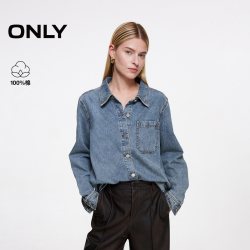 ONLY 2025夏季复古时尚柔软翻领宽松牛仔衬衫女