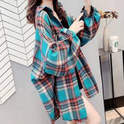 芳香碧 大码韩版女装格子衬衫磨毛新款春秋宽松女潮ins紫色开衫通勤黑色