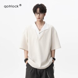 QOTRIOCK 老钱风麦穗纹假两件Polo短袖男女夏季潮牌简约宽松T恤休闲五分袖