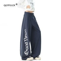 QOTRIOCK 美式字母做旧弯刀卫裤男女秋季潮牌解构休闲直筒裤宽松垂感阔腿裤