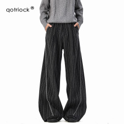 QOTRIOCK 美式老钱风条纹休闲裤男女秋季复古通勤百搭宽松阔腿裤垂感拖地裤