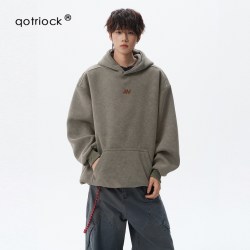 QOTRIOCK 美式砂洗刺绣连帽卫衣男秋季解构休闲加绒加厚套头衫宽松运动上衣