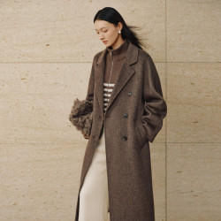 伊芙丽 长款绵羊毛驼绒蚕丝双排门襟双面呢女大衣