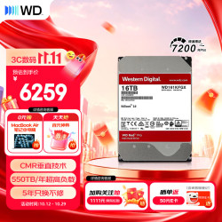 西部数据 红盘Pro系列 3.5英寸 NAS硬盘 16TB（CMR、7200rpm、512MB）WD161KFGX