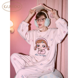 果壳 冬季保暖卡通甜美星星满印套头毛绒家居服套装可外穿D