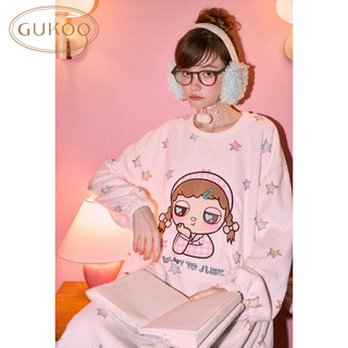 GUKOO/果壳 冬季毛绒保暖卡通星星满印 浅沙白 M 女士家居服睡裙