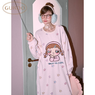 GUKOO/果壳 冬季毛绒保暖卡通星星满印 浅沙白 M 女士家居服睡裙