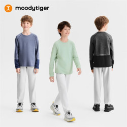 moodytiger 男童长袖T恤柔软弹力春秋儿童上衣吸湿排汗打底衣圆领加厚运动衣 浅花灰 140