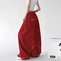 木昱子 红色工装阔腿裤 女士休闲裤