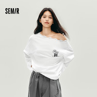 森马 长袖T恤女秋季蕾丝一字领纯棉oversize印花新款慵懒上衣 本白10102 XS