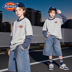 Dickies 儿童长袖美式休闲童装假两件上衣男童秋季百搭T恤女童条纹袖秋装