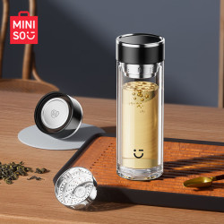 名创优品 双层加厚玻璃杯高硼硅带茶隔茶水分离男士儿童水杯子 钢琴黑360mL