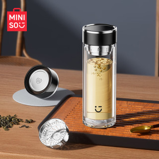 名创优品 双层加厚玻璃杯高硼硅带茶隔茶水分离男士儿童水杯子 钢琴黑360mL