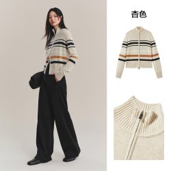 太平鸟 羊毛混纺高领撞色双拉链针织开衫25冬季新款多搭毛衫外套