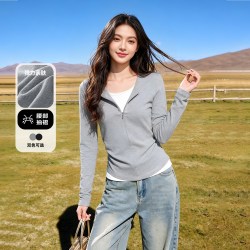 班尼路 灰色长袖t恤女小众设计感假两件正肩显瘦上衣H