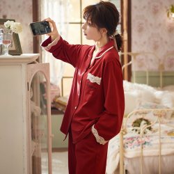马克公主 情侣睡衣女春秋款纯棉红色新婚结婚男士家居服套装本命年