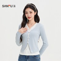 三福 女长T恤2026秋季新款气质蝴蝶结装饰假两件休闲长袖上衣女装