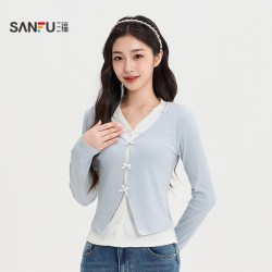 三福 女长T恤2026秋季新款气质蝴蝶结装饰假两件休闲长袖上衣女装