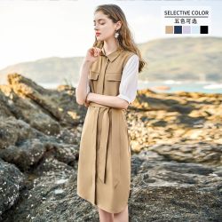 米莱达 时尚翻领拼接假两件连衣裙女夏装新款高腰系带显瘦裙子