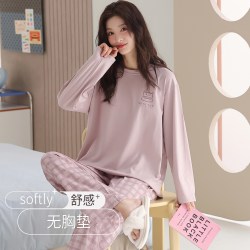 卡之恋 睡衣女款秋春纯棉长袖2026新款带胸垫全棉布料秋季女士家居服套装