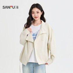 三福 女单外套2026秋季新款领带简约立领宽松风衣短款大衣女装