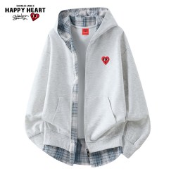 CHARLES JANG'S HAPPY HEART 美式拼接格子假两件外套男女春秋冬季慵懒连帽开衫卫衣
