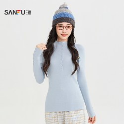 三福 女毛衫2026秋季新款修身套头半开衫可调节纽扣打底上衣女装