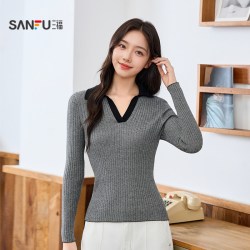 三福 打底衫女2026新款春季设计感Polo领修身坑条针织长袖上衣女装