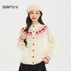 三福 女毛衫冬季新款毛衣费尔岛图案纽扣开衫圆领上衣女装
