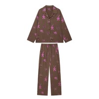狂野之屋 睡衣秋天女宽松长袖套装柔软亲肤印花棕色可外穿家居服