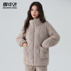 雪中飞 睡衣男士冬季珊瑚绒加厚三层夹棉情侣可外穿家居服冬天棉袄