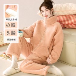 向薇 巨保暖双层复合绒秋冬季女士加绒加厚法兰绒家居服睡衣可外穿套装