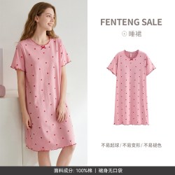 芬腾 睡裙女士夏季薄款短袖纯棉大码简约睡衣家居服全棉女款连衣裙