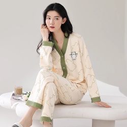 浪莎 睡衣女士春秋款2026新款纯棉开衫长袖V领可外穿家居服套装HJ