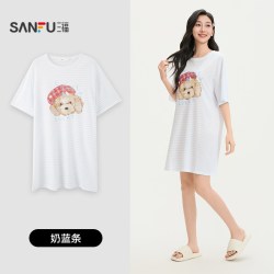 三福 睡裙女生春夏季净雪花棉抗菌睡衣甜美印花宽松休闲短袖家居服