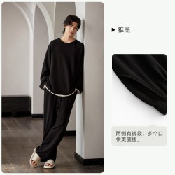 悦内 睡衣男士春秋款纯棉长袖家居服男款黑色高级感圆领套头华夫格